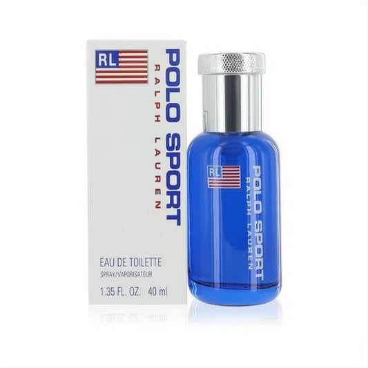 Bold blue Polo Sport Ralph Lauren men's 1.35 oz EDT spray bottle with textured silver cap and white logo box.