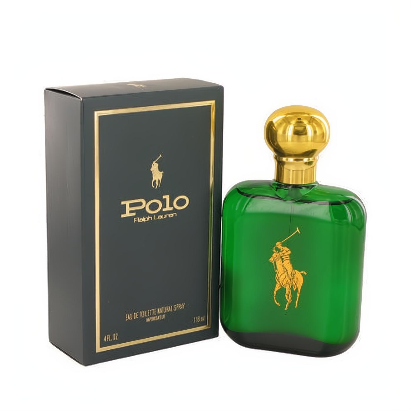 Polo Ralph Lauren 4 oz men's cologne. Iconic green glass bottle with gold cap and polo player logo, next to its elegant dark green box.
