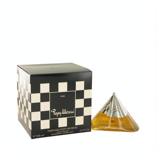 Elegant Popy Moreni 3.4 oz EDT. Distinctive amber triangular bottle with silver cap next to its chic black & white checkerboard box.