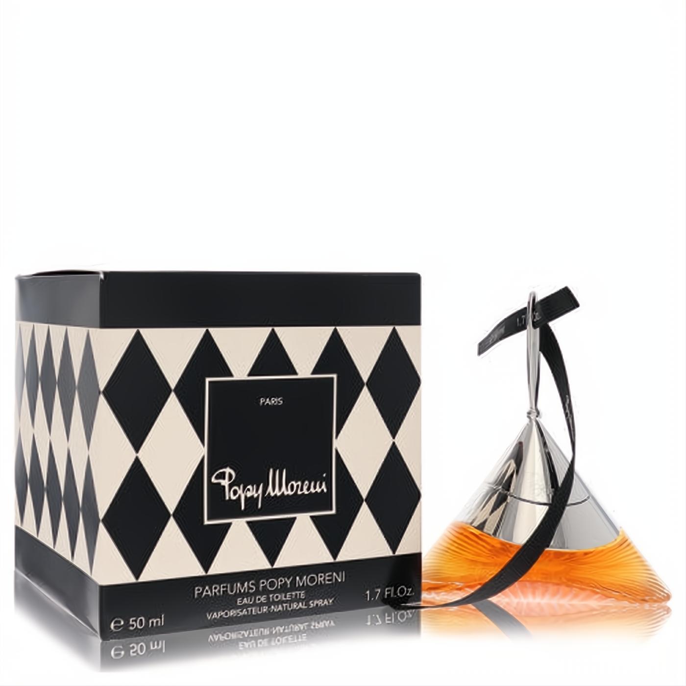 Popy Moreni 1.7 oz EDT spray. Distinctive silver pyramid bottle with vibrant orange fragrance, black ribbon, and chic diamond-patterned box.