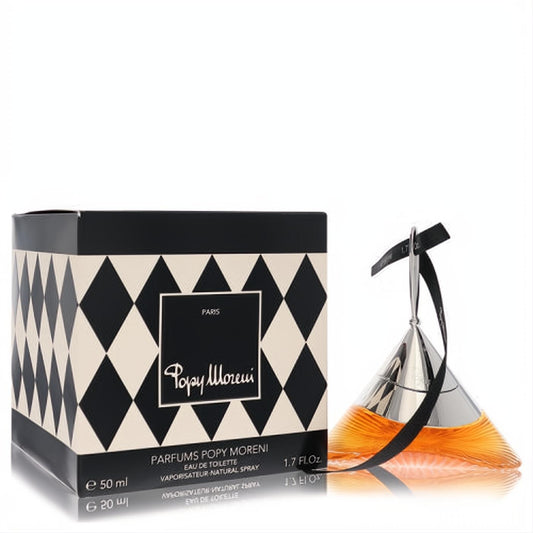 Popy Moreni 1.7 oz EDT spray. Distinctive silver pyramid bottle with vibrant orange fragrance, black ribbon, and chic diamond-patterned box.