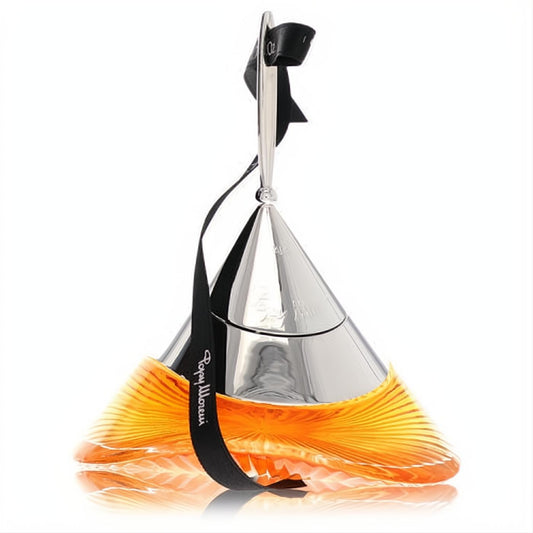 Stunning Popy Moreni women's Eau De Toilette bottle: sleek silver cone, vibrant orange ribbed glass base, black ribbon.