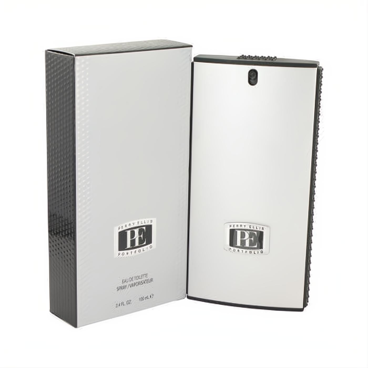 Sleek Perry Ellis Portfolio EDT 3.4 oz spray. Modern silver bottle with black textured sides and elegant white box.