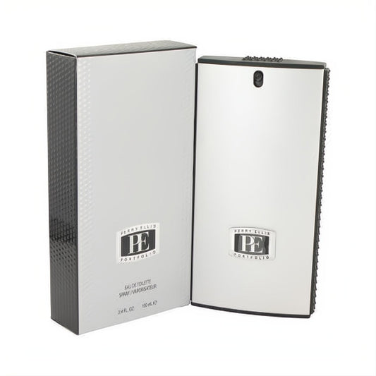 Sleek Perry Ellis Portfolio EDT 3.4 oz spray. Modern silver bottle with black textured sides and elegant white box.
