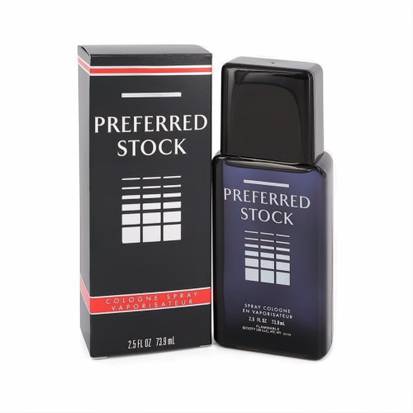PREFERRED STOCK by Coty 2.5 oz men's cologne spray. Sleek black bottle and matching box with a striking red stripe and modern grid design.