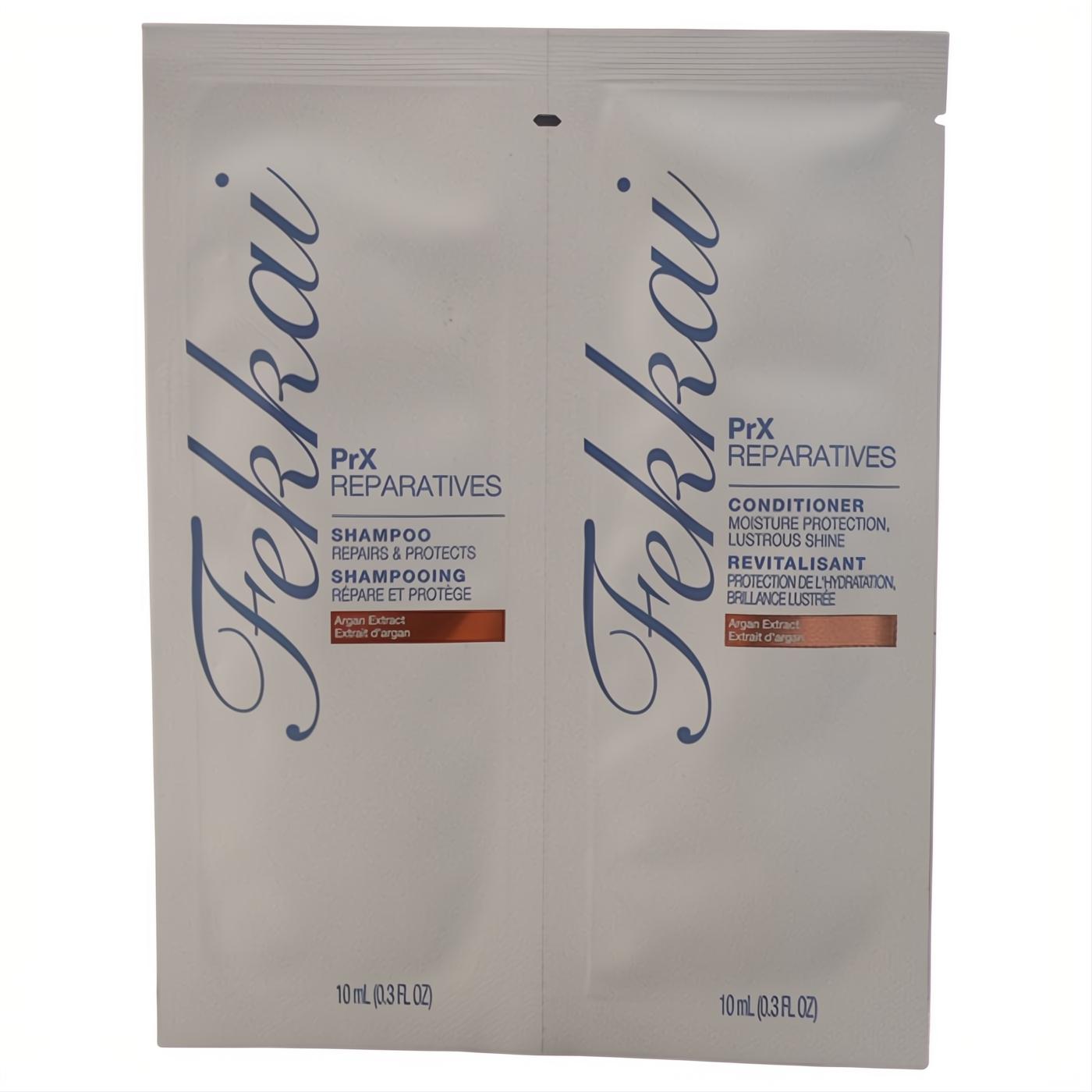 Experience Fekkai PrX Reparatives Shampoo & Conditioner 0.3 oz duo. White sachets with Argan Extract for ultimate hair repair and luscious shine.