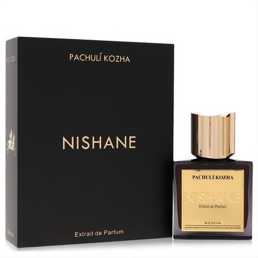 Experience Nishane Pachuli Kozha Extrait de Parfum: a luxurious dark amber bottle and sleek black box with striking gold details.