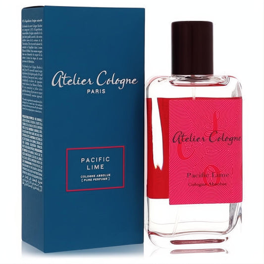 Pacific Lime by Atelier Cologne 3.3 oz unisex pure perfume. Sleek glass bottle with vibrant pink label and elegant blue box.