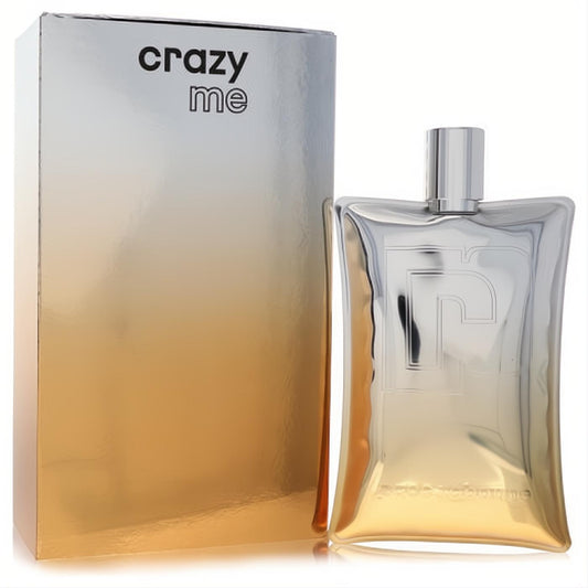 Paco Rabanne Crazy Me 2.1 oz unisex EDP in a unique silver-gold metallic bottle featuring the PR logo. Matching gradient box.