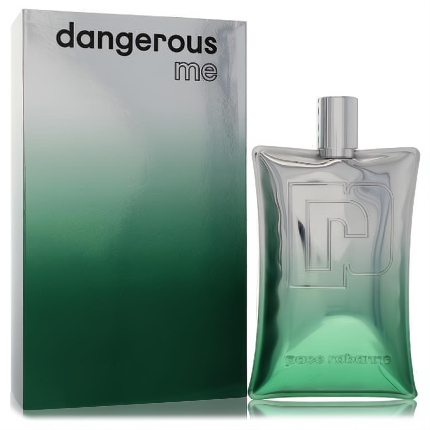 Paco Rabanne Dangerous Me unisex fragrance. Luxurious silver-to-emerald gradient bottle with embossed logo and matching box.