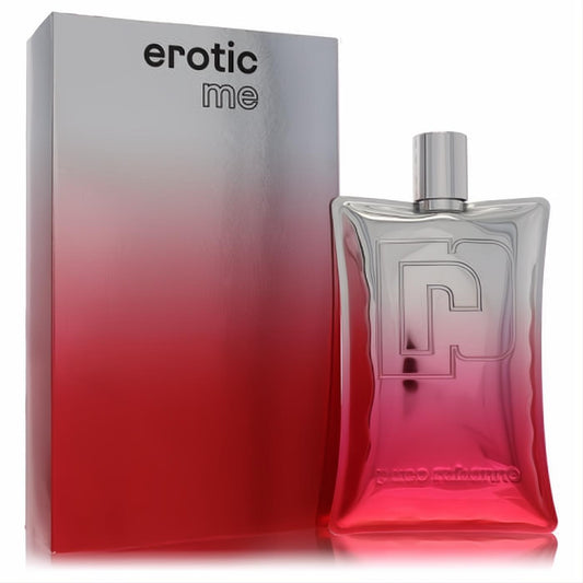 Paco Rabanne Erotic Me 2.1 oz unisex perfume in a striking silver-to-red gradient bottle with metallic cap and matching box.