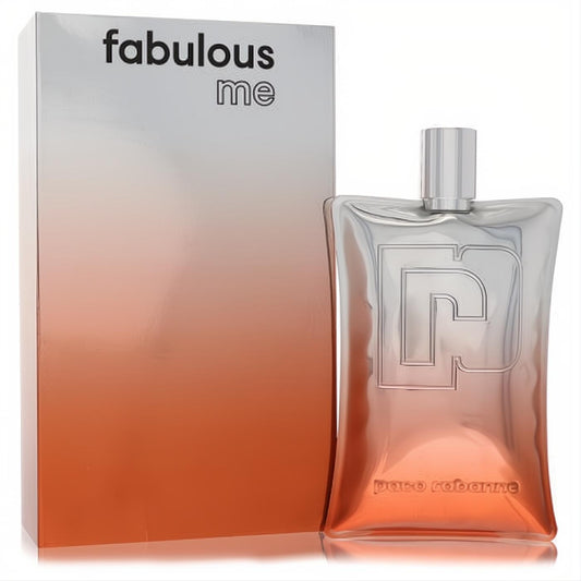 Paco Rabanne Fabulous Me unisex perfume, a sleek silver-orange gradient bottle with "P" logo and matching box.