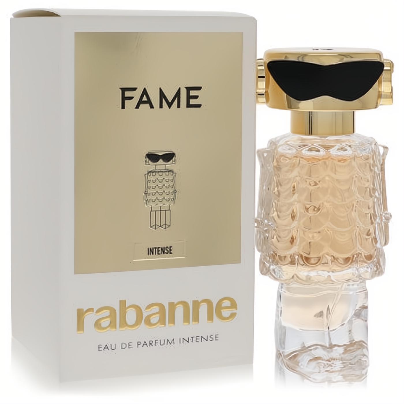 Paco Rabanne Fame Intense 1 oz women's EDP. Dazzling gold robot bottle, black sunglasses, and clear textured body.