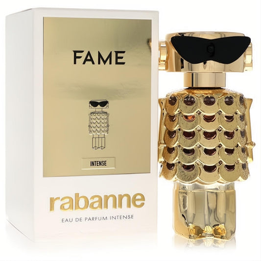 Paco Rabanne Fame Intense women's EDP. Iconic gold robot bottle with black sunglasses and shimmering scale design.