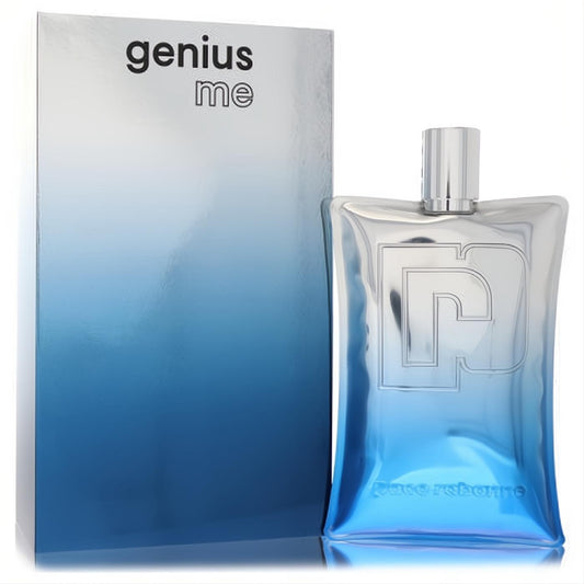 Paco Rabanne Genius Me 2.1 oz unisex EDP. Sleek metallic silver-to-blue gradient bottle with embossed PR logo and matching box.