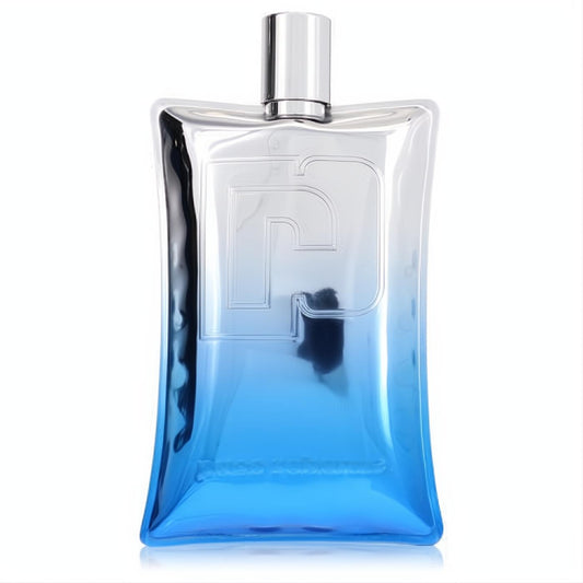 Sleek Paco Rabanne Genius Me unisex EDP tester bottle, gradient from metallic silver to vibrant blue glass, with a chrome cap.