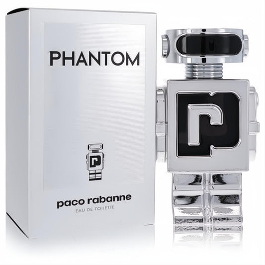 Paco Rabanne Phantom 3.4 oz men's EDT. Futuristic silver chrome robot bottle with black accents, displayed with its sleek white box.