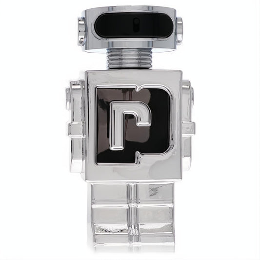 Striking Paco Rabanne Phantom men's EDT in a futuristic chrome robot bottle with a bold black "P" logo.