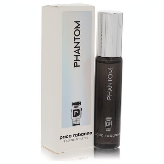 Paco Rabanne Phantom EDT: sleek dark spray bottle with chrome cap and iconic robot design on white box.