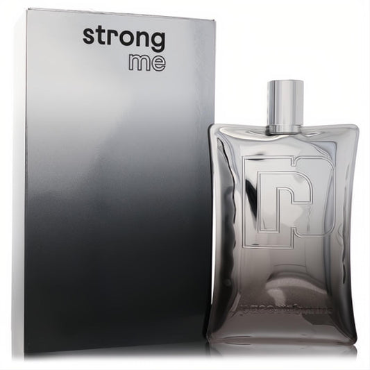 Paco Rabanne Strong Me 2.1 oz unisex EDP. Modern metallic silver bottle featuring a bold 'P' logo, paired with its sleek gradient box.