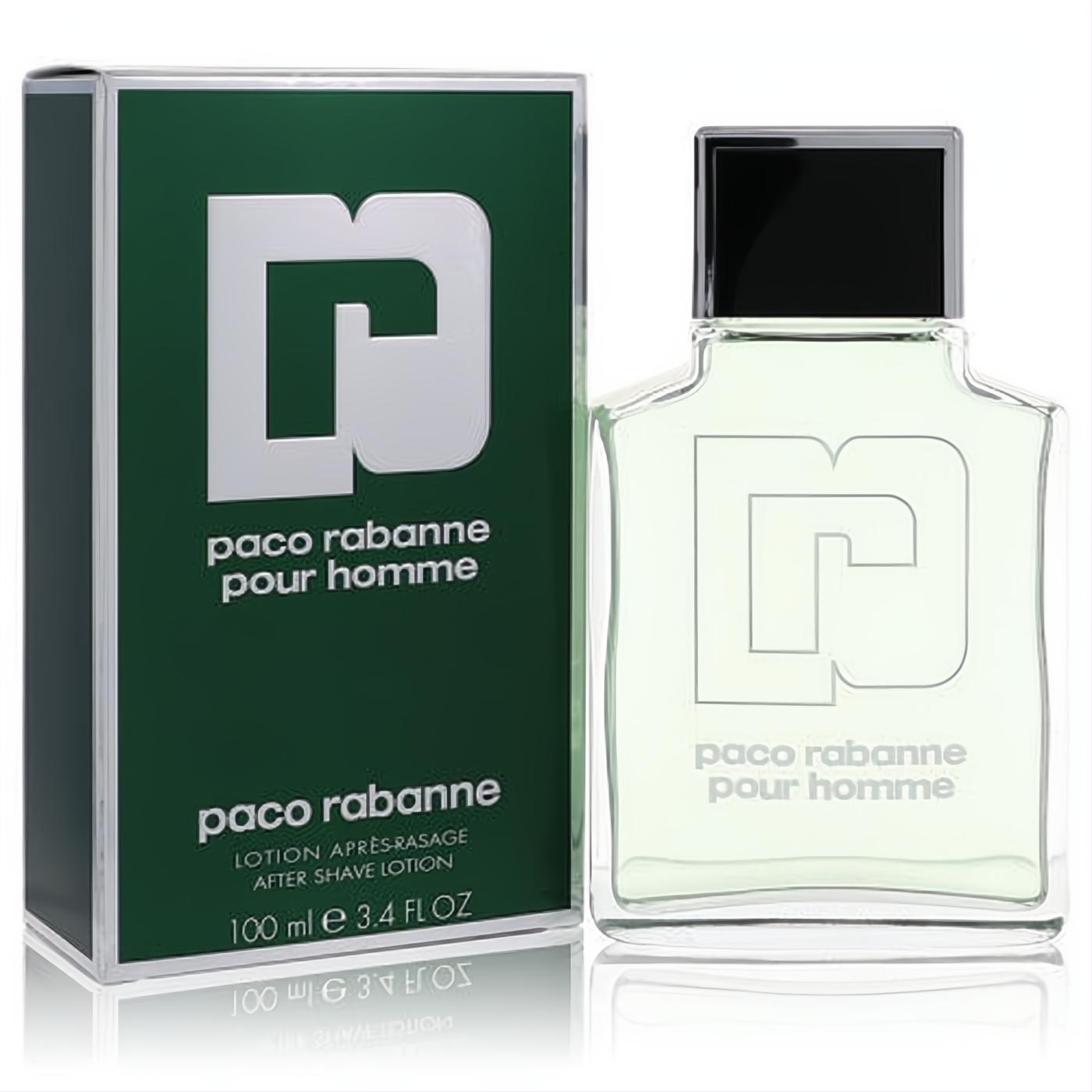 Paco Rabanne Pour Homme 3.4 oz after shave lotion. Clear bottle with pale green liquid, next to its signature dark green box with silver logo.
