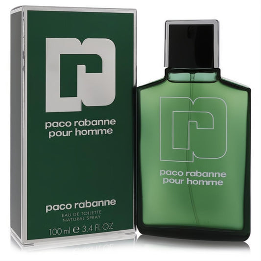 Elevate your style with Paco Rabanne Pour Homme 3.4 oz EDT. Masculine dark green bottle, silver logo, matching box.