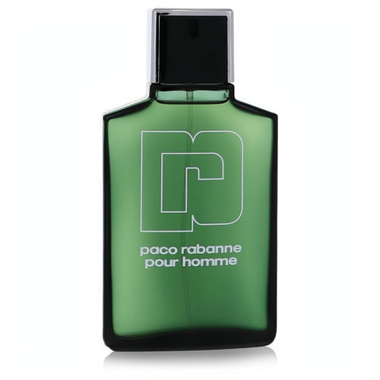 Paco Rabanne Pour Homme men's EDT spray. Bold green 3.4 oz bottle with iconic white logo and sleek black cap.