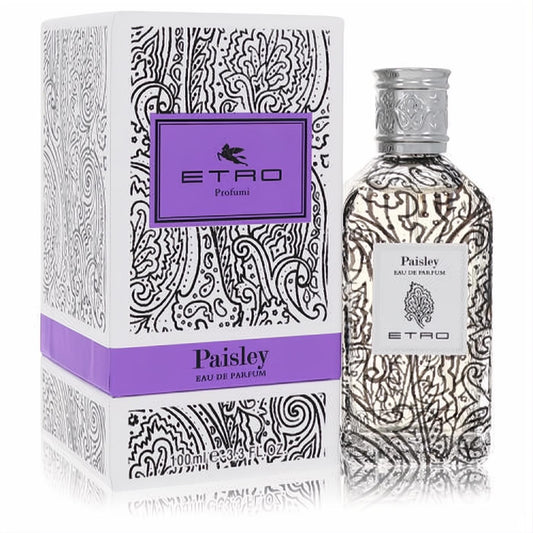 Discover Etro Paisley 3.4 oz unisex Eau De Parfum. Elegant clear bottle & white box with intricate black paisley design & purple accents.