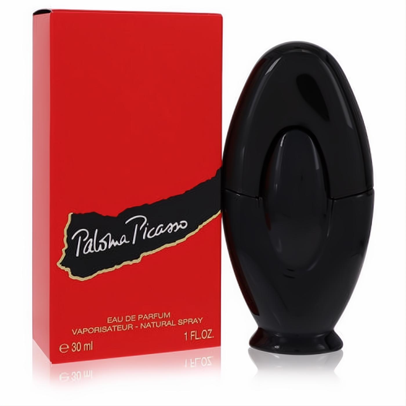 Distinctive Paloma Picasso 1 oz Eau De Parfum with its sleek black egg-shaped bottle and vibrant red branded box.