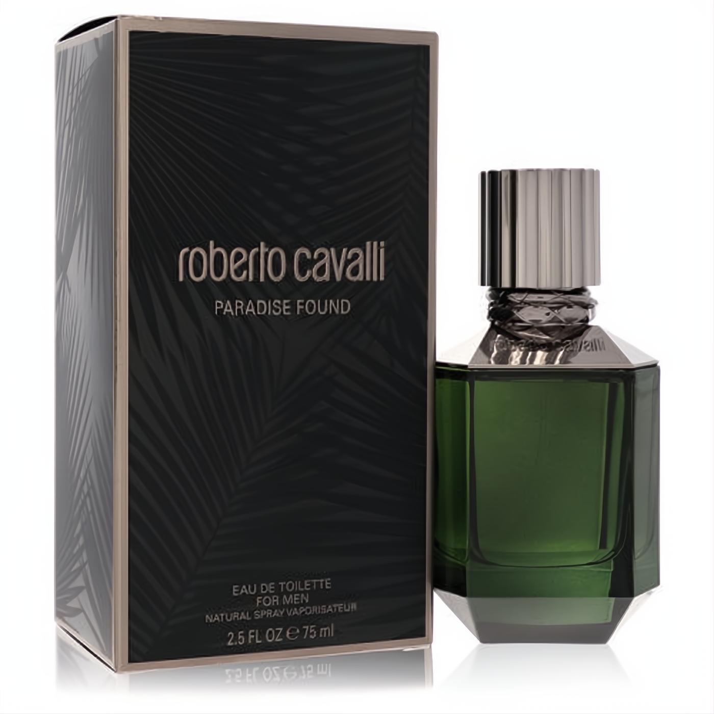 Roberto Cavalli Paradise Found 2.5 oz men's Eau De Toilette. Dark green faceted bottle, metallic cap, elegant palm leaf box.