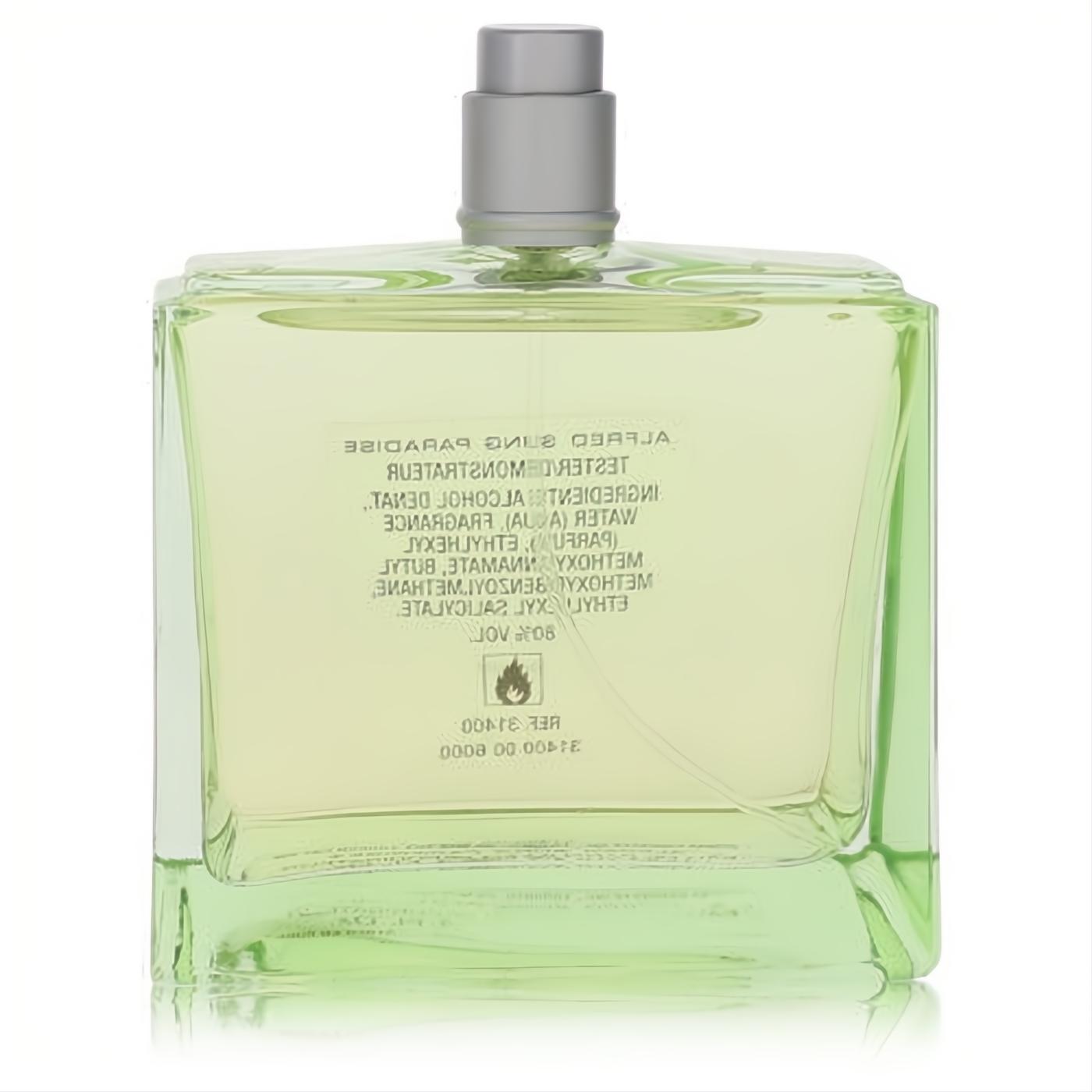 Sophisticated Alfred Sung Paradise women's fragrance bottle. Clear glass holds vibrant green perfume, topped with a modern silver cap.
