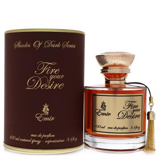 Elegant Emir Fire Your Desire unisex perfume, 3.4 oz. Amber liquid in clear bottle with luxurious gold cap and tassel, beside dark brown box.