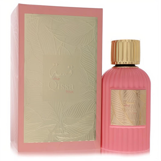 Luxurious Paris Corner Qissa Pink 3.4 oz EDP. Vibrant pink ribbed bottle, gold cap, and matching embossed box. Perfect women's fragrance.