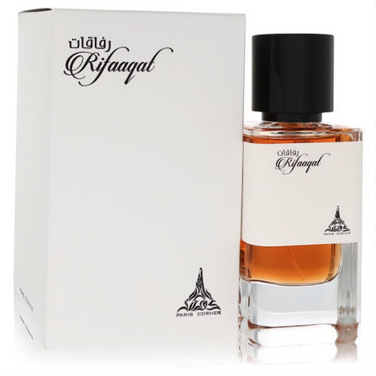 Discover Paris Corner Rifaaqat 2.8 oz unisex EDP. Clear bottle, rich amber fragrance, sleek black cap, and elegant white packaging.