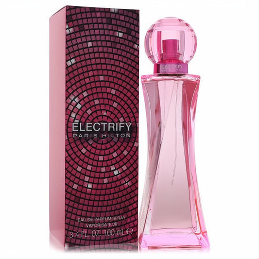 Electrify Paris Hilton Eau De Parfum: a dazzling pink glass bottle with a spherical cap and matching mosaic-patterned box, 3.4 oz.