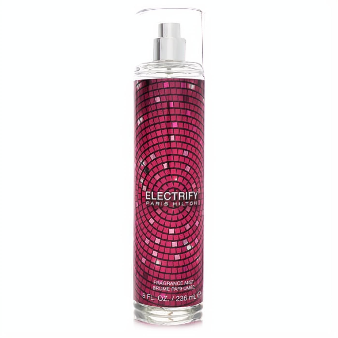 Unleash your glow with Paris Hilton Electrify 8 oz fragrance mist. Features a stunning pink mosaic bottle, silver sprayer, and clear cap.