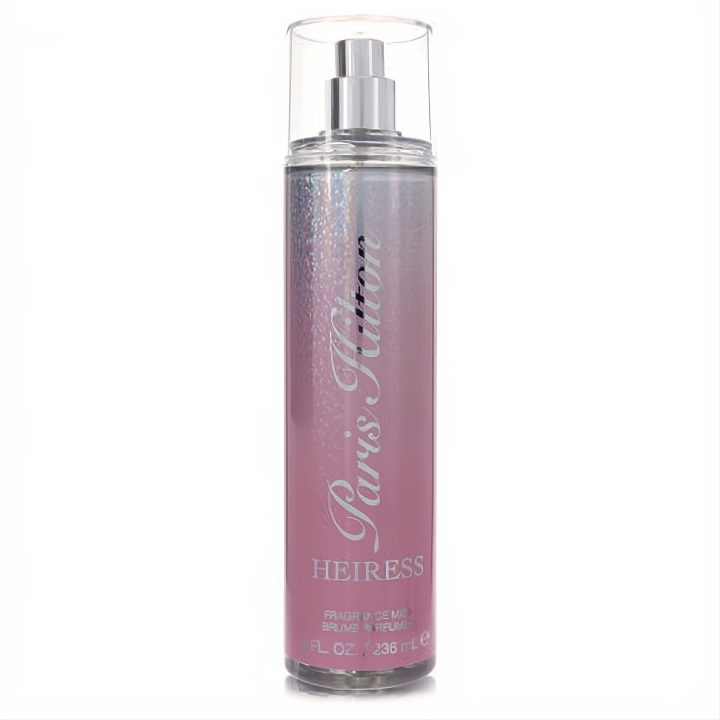 Paris Hilton Heiress 8 oz body mist. Shimmering silver to vibrant pink bottle with elegant script.