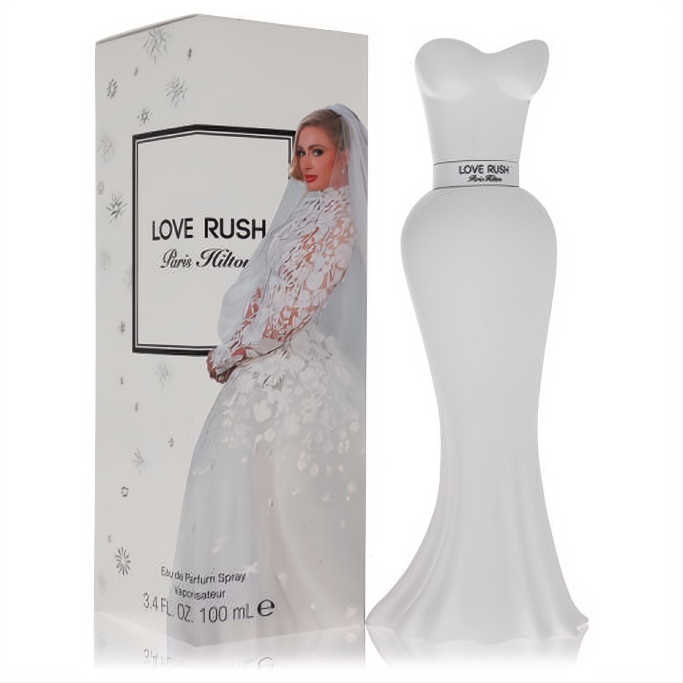 Iconic Paris Hilton Love Rush 3.4 oz EDP in a stunning white wedding dress bottle, displayed with its elegant matching box.
