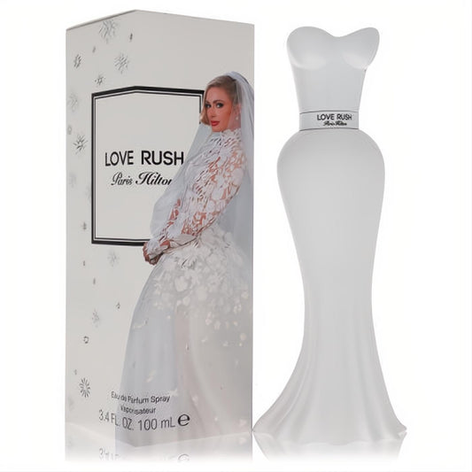 Iconic Paris Hilton Love Rush 3.4 oz EDP in a stunning white wedding dress bottle, displayed with its elegant matching box.