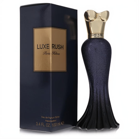 Paris Hilton Luxe Rush 3.4 oz EDP for women. Luxurious dark gown bottle with a striking gold bustier top.