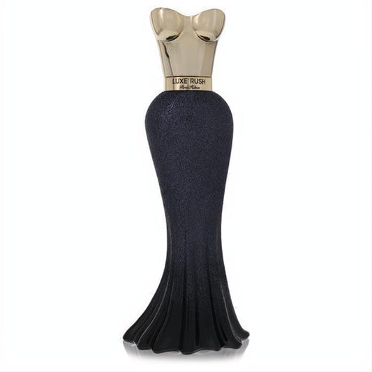 Paris Hilton Luxe Rush 3.4 oz women's perfume in a striking black textured gown bottle with a metallic gold bust.