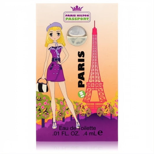 Experience Paris Hilton Passport in Paris EDT sample. Colorful card with a chic girl, pink Eiffel Tower, and fragrance vial.