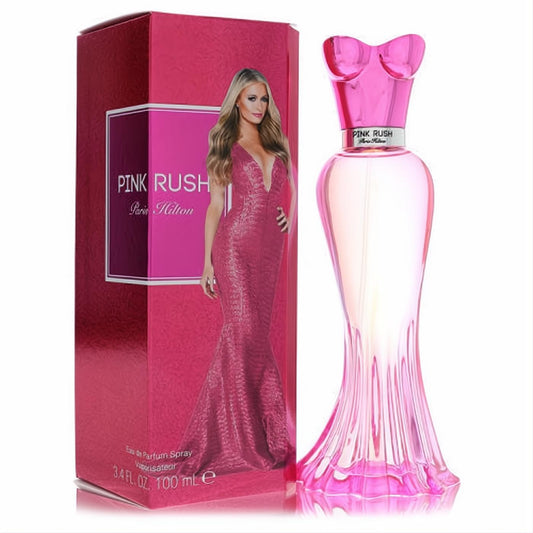 Stunning Paris Hilton Pink Rush 3.4 oz EDP spray, featuring an elegant pink sculpted glass bottle and matching box with iconic Paris Hilton.