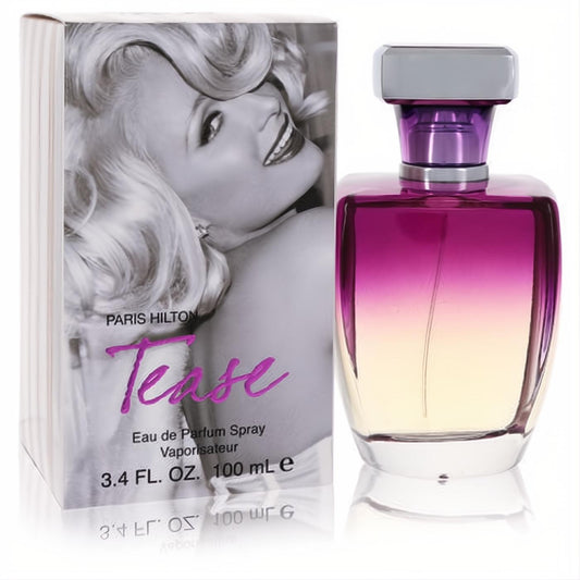 Paris Hilton Tease women's 3.4 oz perfume. Elegant ombre magenta-yellow glass bottle, chic box with Paris Hilton.