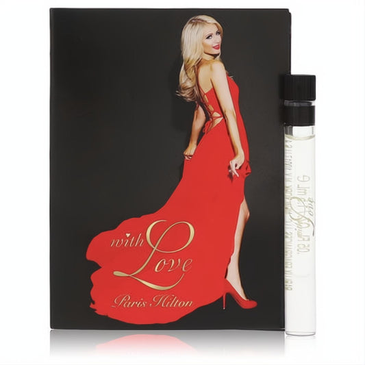 Experience Paris Hilton With Love: a clear perfume sample vial next to a black card with Paris in a stunning red gown.