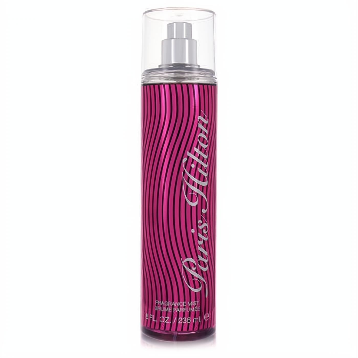 Dazzling Paris Hilton 8 oz body mist. Vibrant pink bottle with chic black waves, silver script, and clear cap.