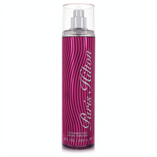 Dazzling Paris Hilton 8 oz body mist. Vibrant pink bottle with chic black waves, silver script, and clear cap.