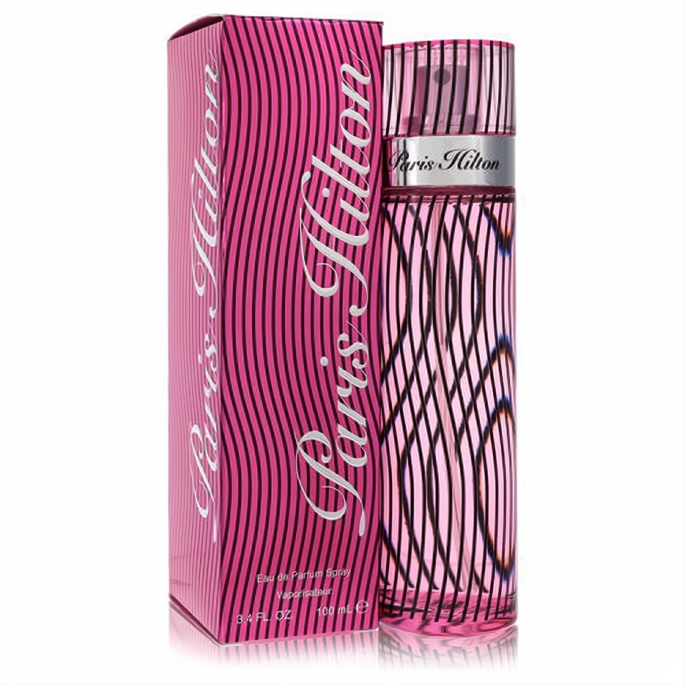 Paris Hilton 3.4 oz Eau De Parfum spray, vibrant pink bottle and box with iconic black wavy stripes.
