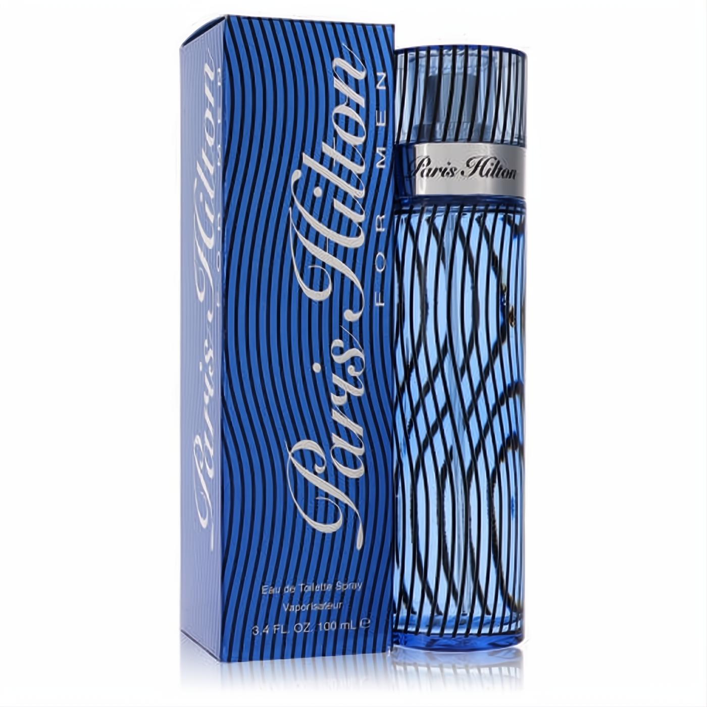 Experience Paris Hilton for Men EDT, 3.4 oz. Bold blue bottle with wavy lines, silver cap, and elegant matching box.