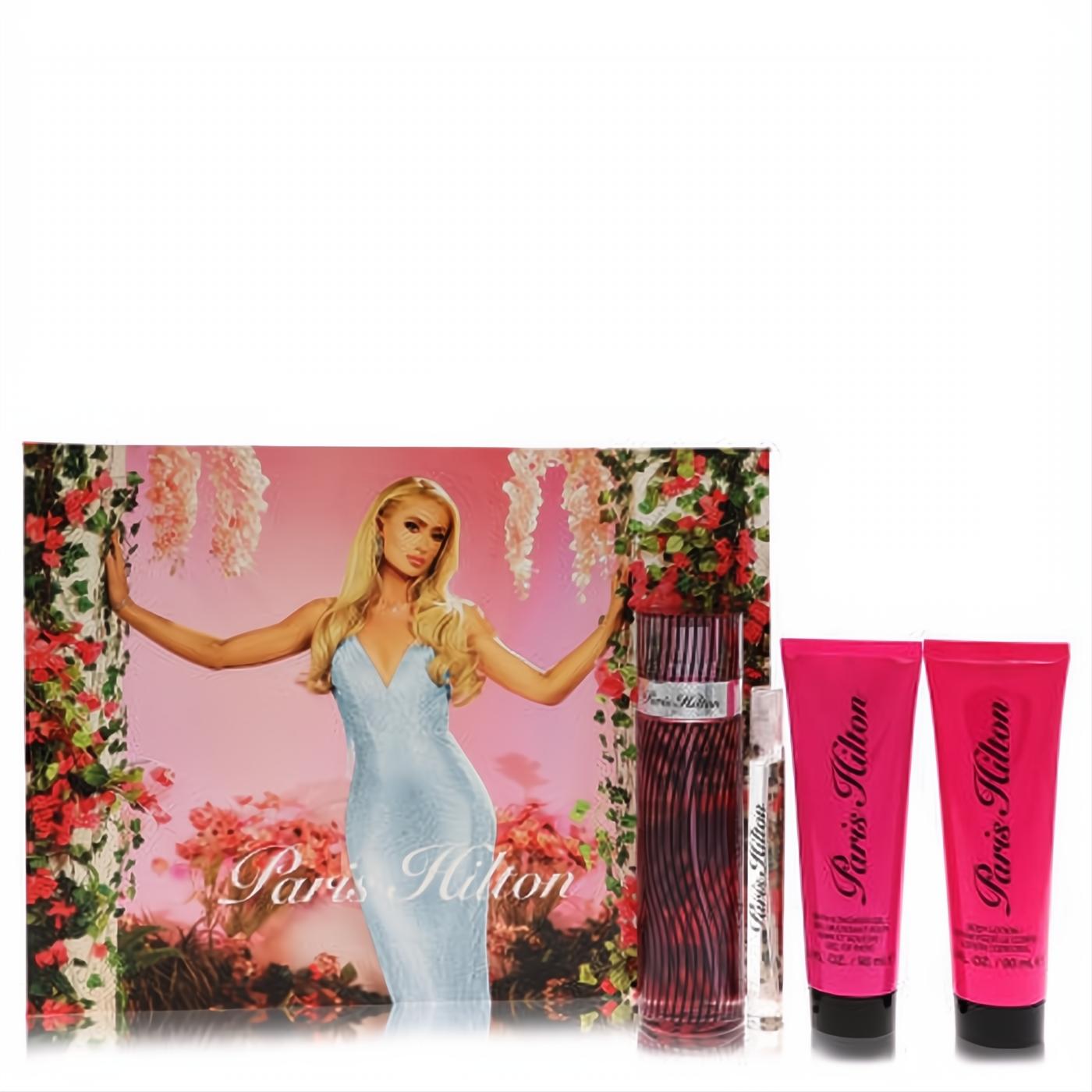 Elegant Paris Hilton fragrance gift set: 3.4 oz dark pink EDP, fuchsia body lotion, shower gel, and mini spray.